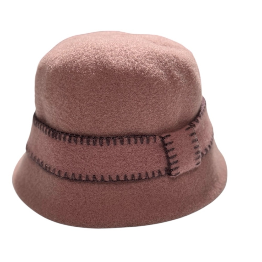 Forbusite Pink Wool Blend Cloche Bucket Hat with Contrast Stitch Trim